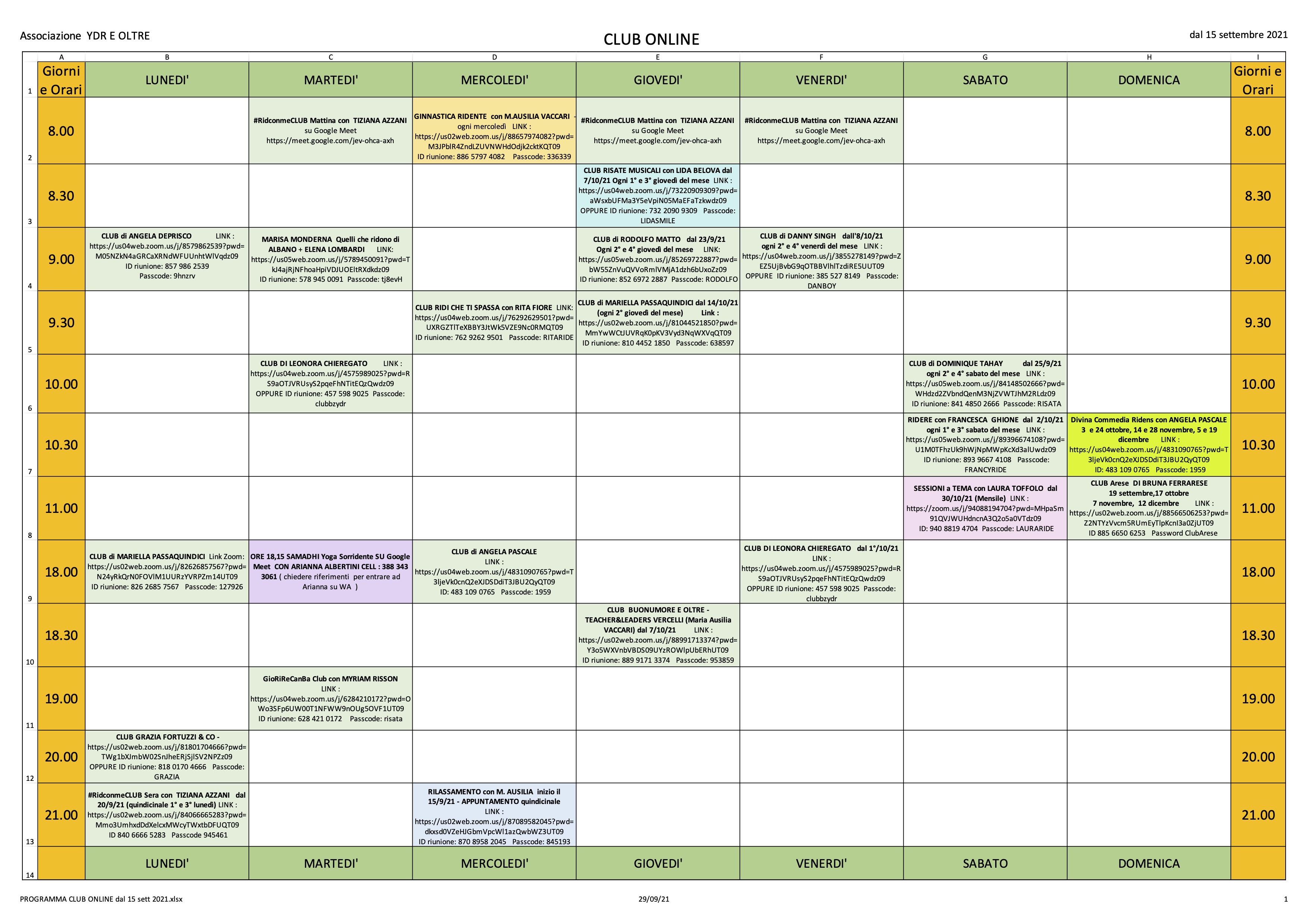 PROGRAMMA CLUB ONLINE dal 15 sett 2021